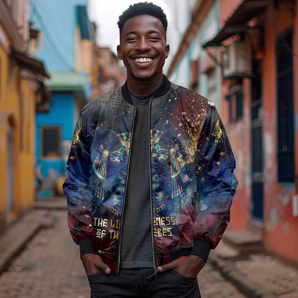 Mut Sleeve Zip Bomber Jacket The Lioness of Thebes Egyptian Goddess Cosmic Crown Adorned Warrior Queen Design