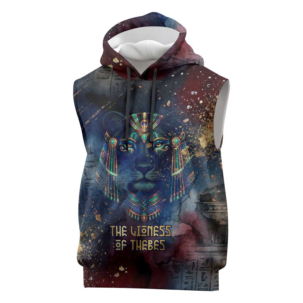 Mut Sleeveless Hoodie The Lioness of Thebes Egyptian Goddess Cosmic Crown Adorned Warrior Queen Design