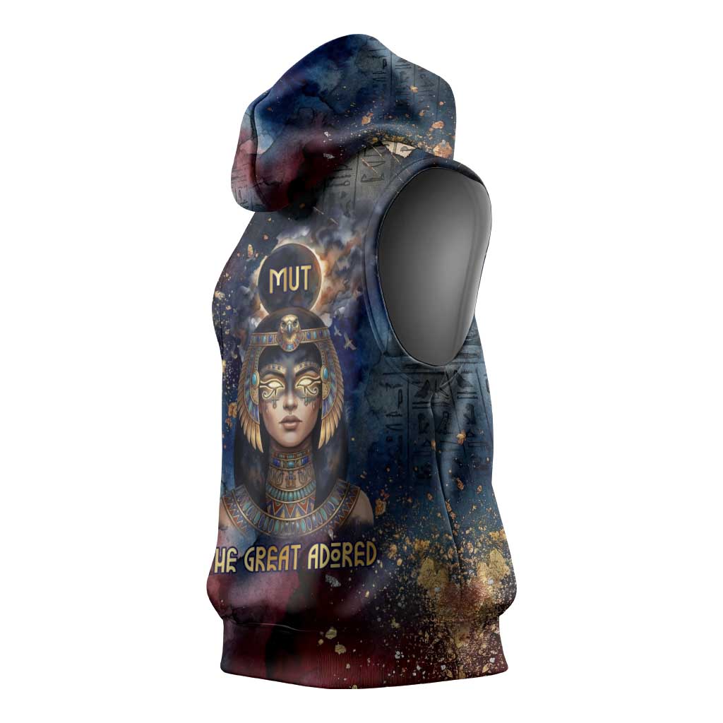 Mut Sleeveless Hoodie The Lioness of Thebes Egyptian Goddess Cosmic Crown Adorned Warrior Queen Design