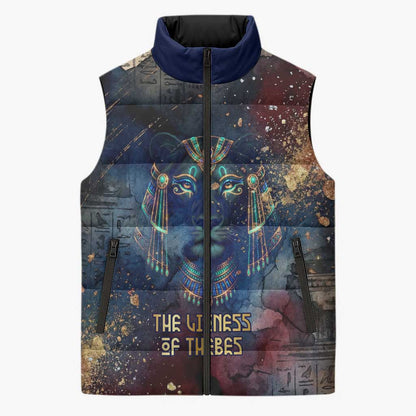 Mut Sleeveless Puffer Jacket The Lioness of Thebes Egyptian Goddess Cosmic Crown Adorned Warrior Queen Design