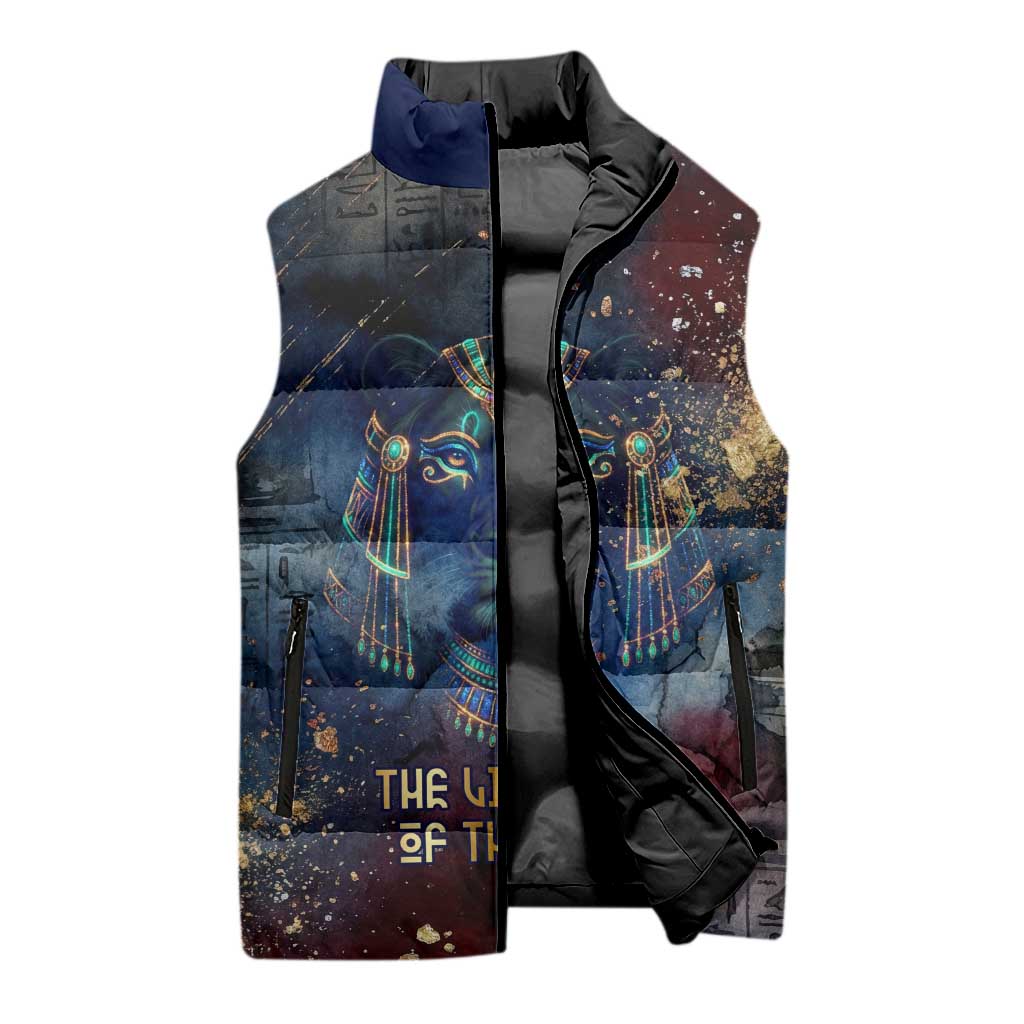 Mut Sleeveless Puffer Jacket The Lioness of Thebes Egyptian Goddess Cosmic Crown Adorned Warrior Queen Design