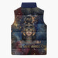 Mut Sleeveless Puffer Jacket The Lioness of Thebes Egyptian Goddess Cosmic Crown Adorned Warrior Queen Design