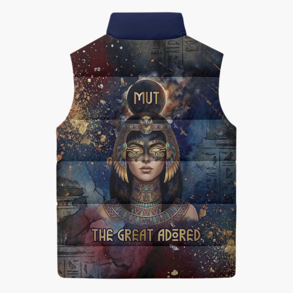 Mut Sleeveless Puffer Jacket The Lioness of Thebes Egyptian Goddess Cosmic Crown Adorned Warrior Queen Design