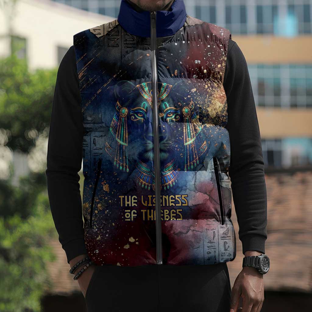 Mut Sleeveless Puffer Jacket The Lioness of Thebes Egyptian Goddess Cosmic Crown Adorned Warrior Queen Design