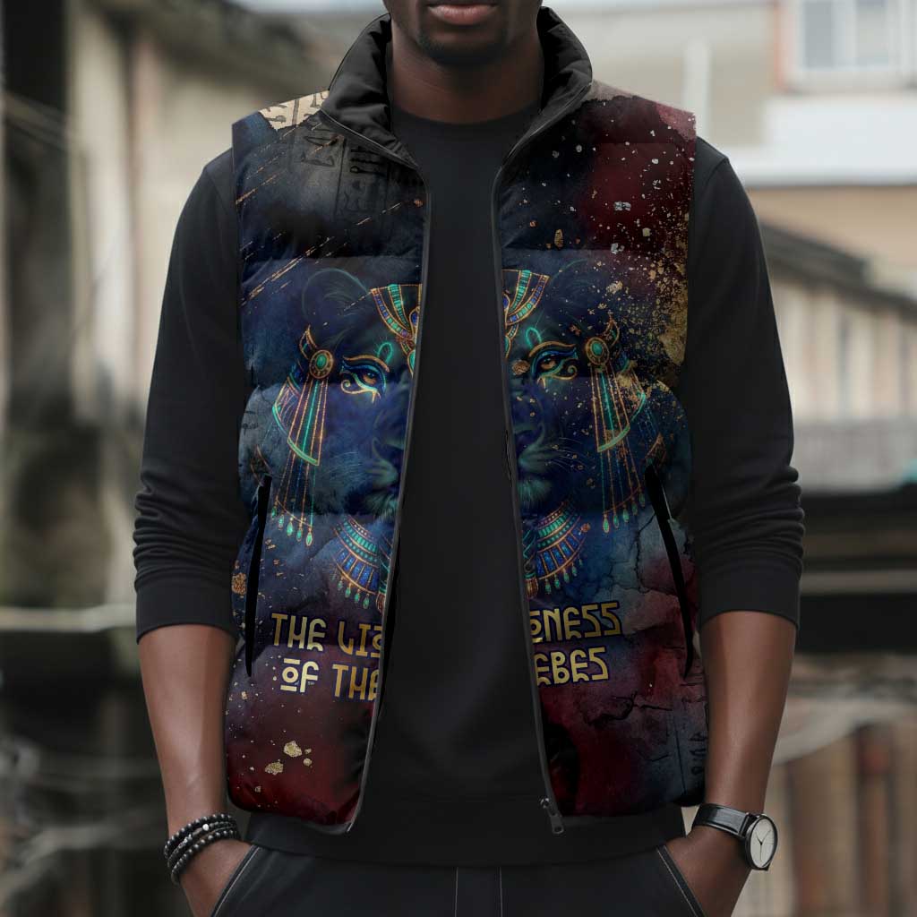 Mut Sleeveless Puffer Jacket The Lioness of Thebes Egyptian Goddess Cosmic Crown Adorned Warrior Queen Design