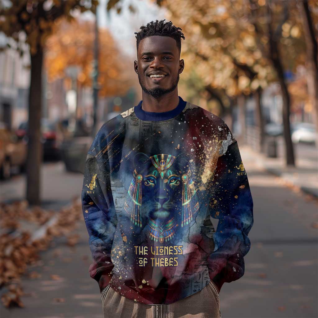 Mut Sweatshirt The Lioness of Thebes Egyptian Goddess Cosmic Crown Adorned Warrior Queen Design