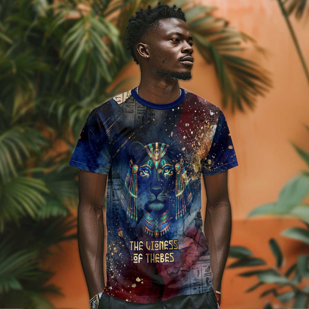 Mut T shirt The Lioness of Thebes Egyptian Goddess Cosmic Crown Adorned Warrior Queen Design