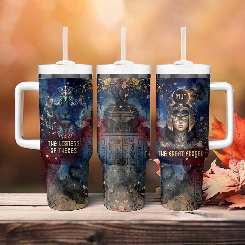 Mut Tumbler With Handle The Lioness of Thebes Egyptian Goddess Cosmic Crown Adorned Warrior Queen Design