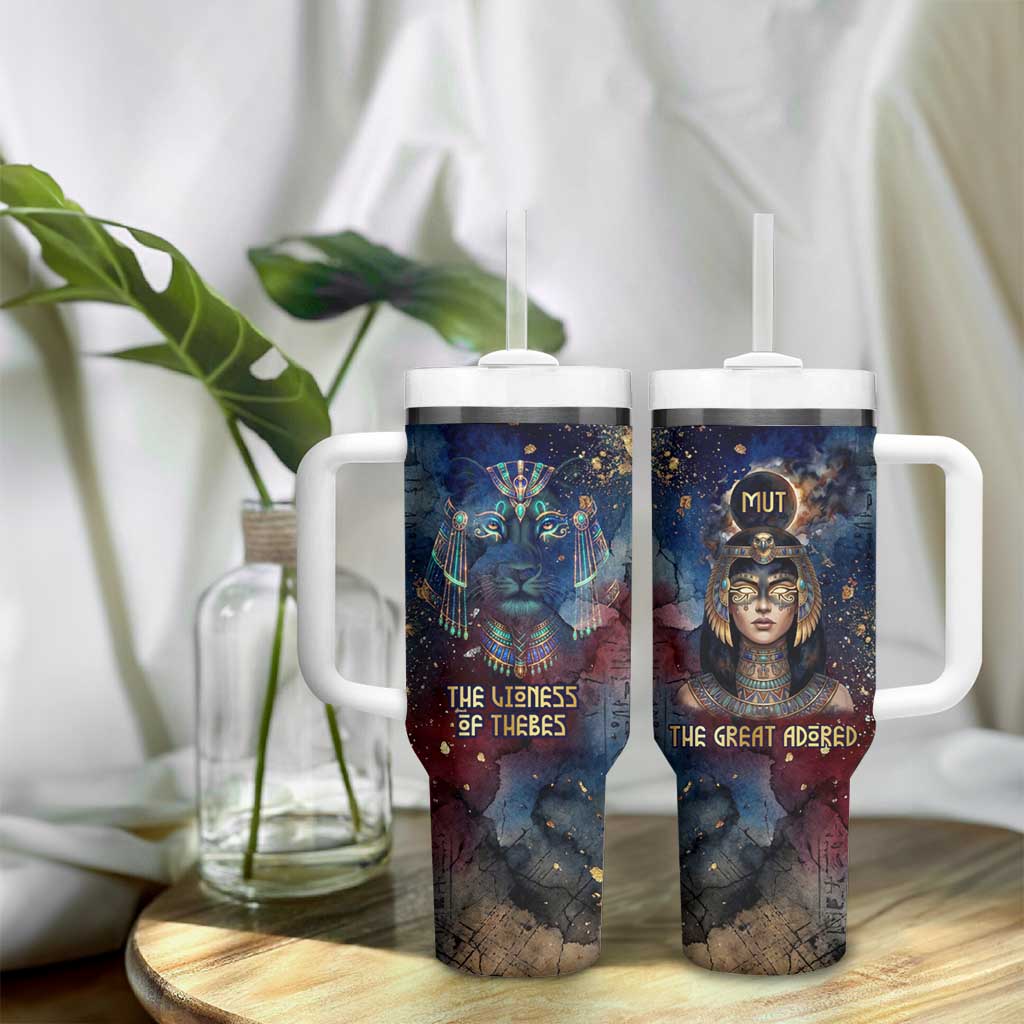 Mut Tumbler With Handle The Lioness of Thebes Egyptian Goddess Cosmic Crown Adorned Warrior Queen Design