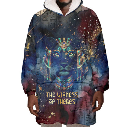 Mut Wearable Blanket Hoodie The Lioness of Thebes Egyptian Goddess Cosmic Crown Adorned Warrior Queen Design