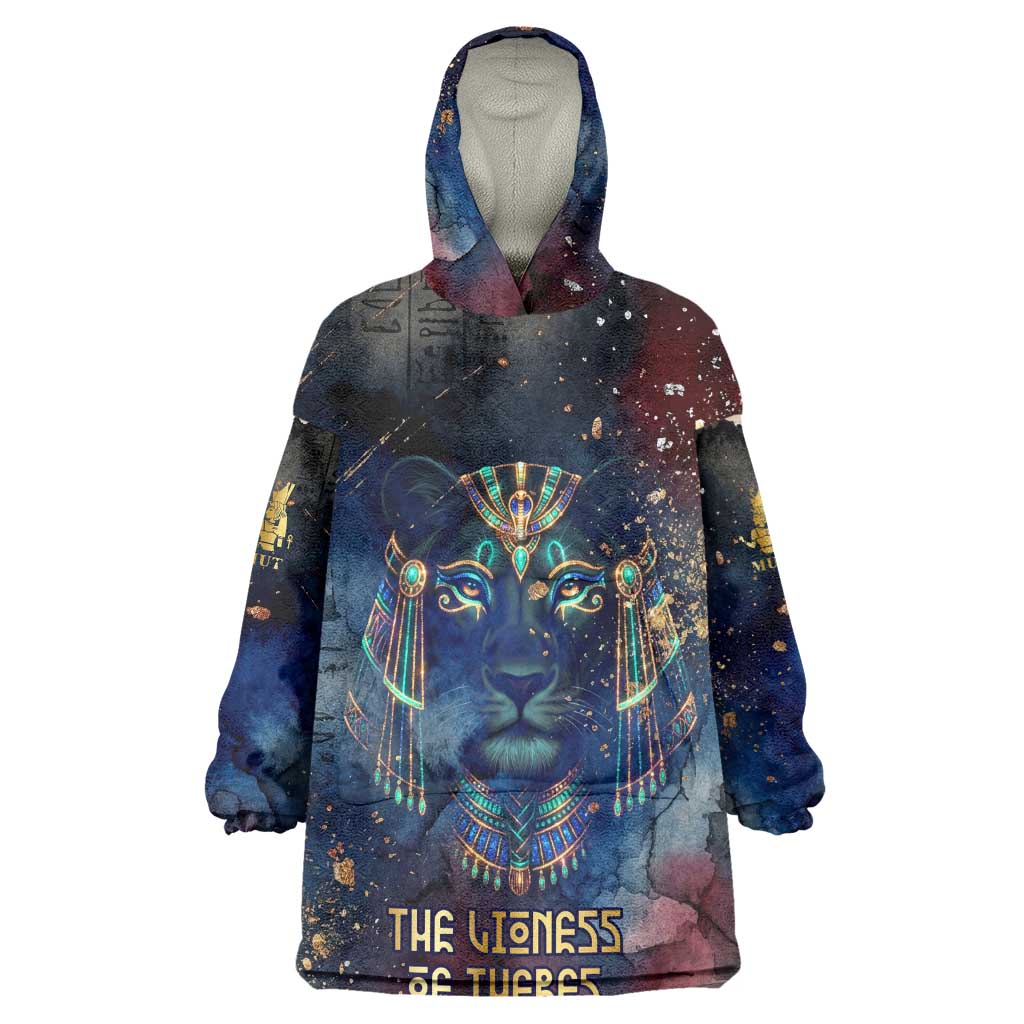 Mut Wearable Blanket Hoodie The Lioness of Thebes Egyptian Goddess Cosmic Crown Adorned Warrior Queen Design