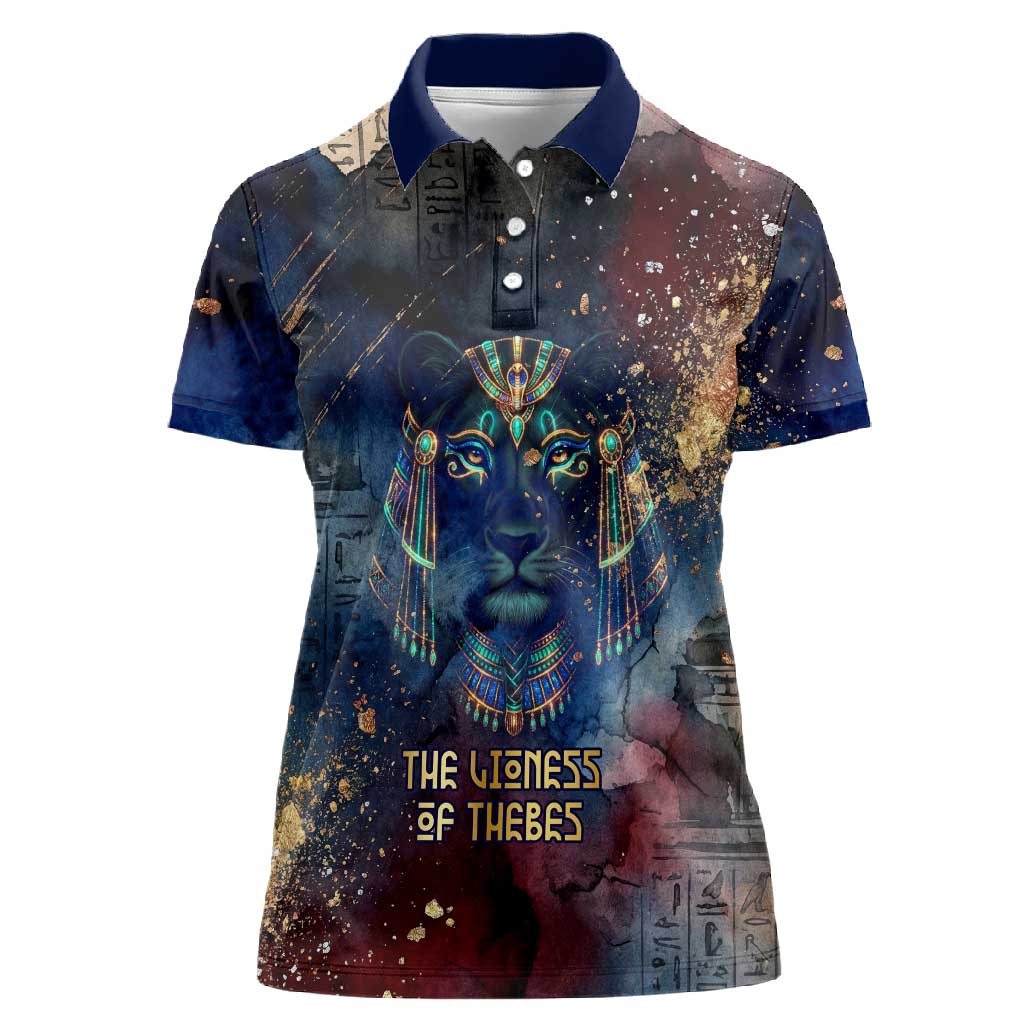 Mut Women Polo Shirt The Lioness of Thebes Egyptian Goddess Cosmic Crown Adorned Warrior Queen Design