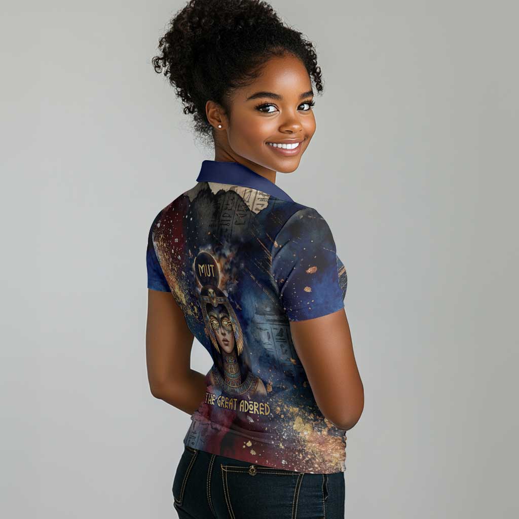 Mut Women Polo Shirt The Lioness of Thebes Egyptian Goddess Cosmic Crown Adorned Warrior Queen Design