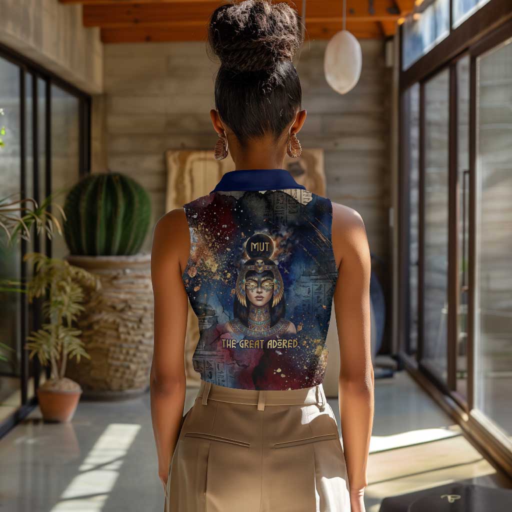 Mut Women Sleeveless Polo Shirt The Lioness of Thebes Egyptian Goddess Cosmic Crown Adorned Warrior Queen Design