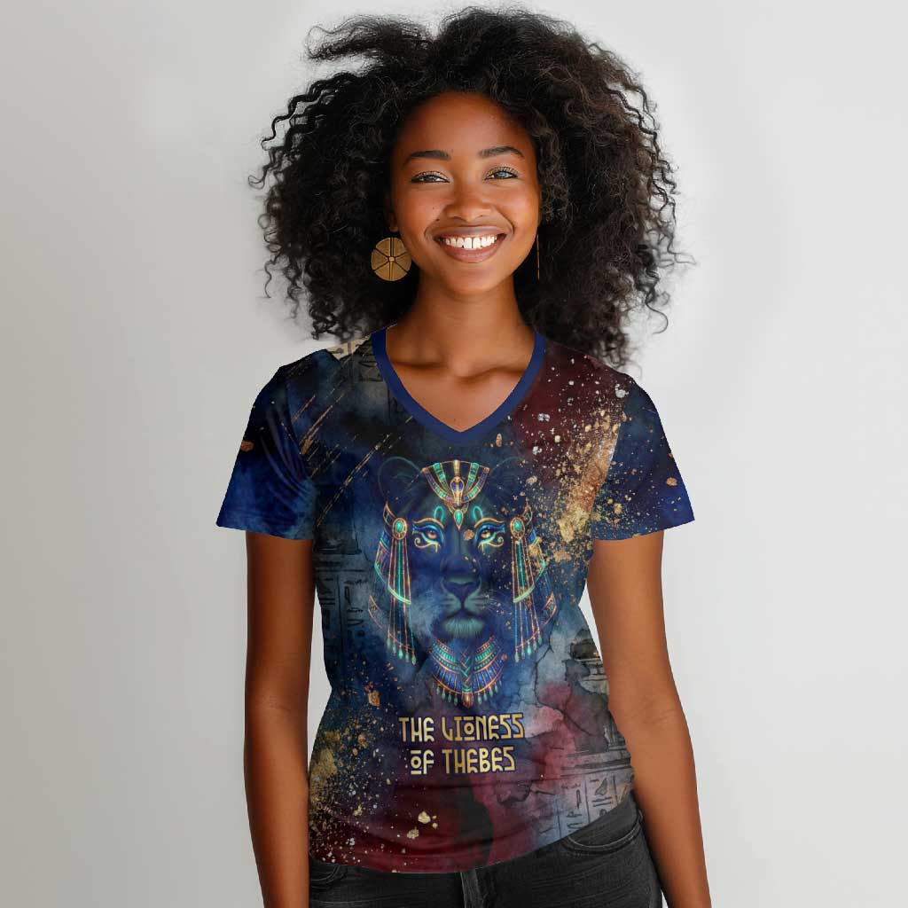 Mut Women V-Neck T-Shirt The Lioness of Thebes Egyptian Goddess Cosmic Crown Adorned Warrior Queen Design