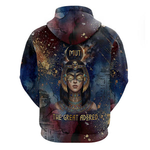 Mut Zip Hoodie The Lioness of Thebes Egyptian Goddess Cosmic Crown Adorned Warrior Queen Design