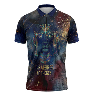 Mut Zipper Polo Shirt The Lioness of Thebes Egyptian Goddess Cosmic Crown Adorned Warrior Queen Design