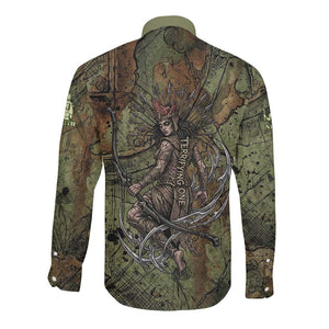 Neith Egyptian Long Sleeve Button Shirt War Goddess Terrifying One Dual Spears and Shield Battle Worn