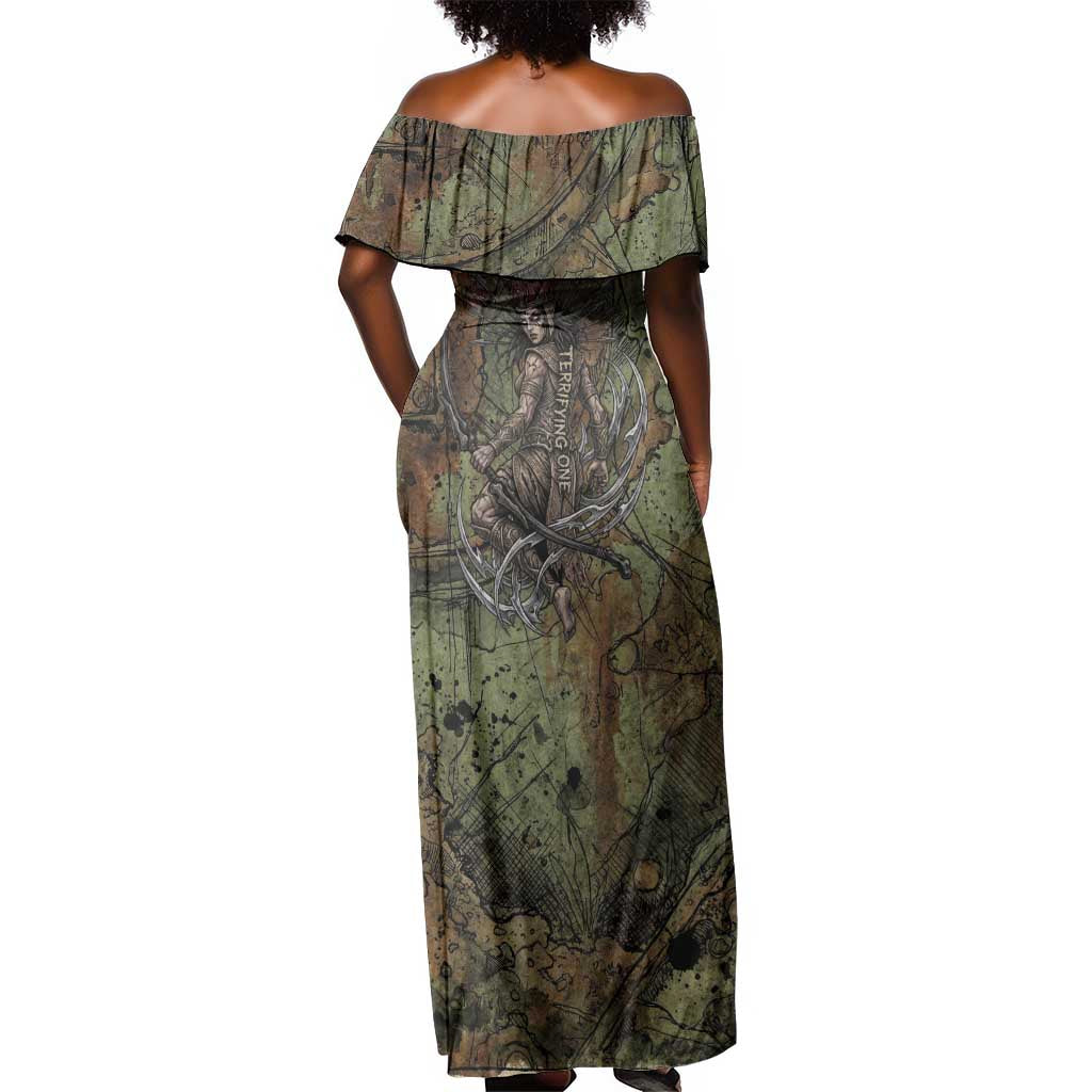 Neith Egyptian Off Shoulder Maxi Dress War Goddess Terrifying One Dual Spears and Shield Battle Worn