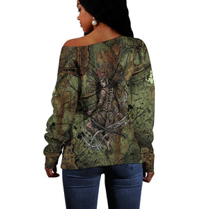 Neith Egyptian Off Shoulder Sweater War Goddess Terrifying One Dual Spears and Shield Battle Worn