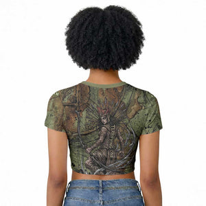 Neith Egyptian Raglan Cropped T shirt War Goddess Terrifying One Dual Spears and Shield Battle Worn