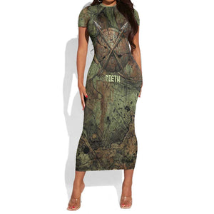 Neith Egyptian Short Sleeve Bodycon Dress War Goddess Terrifying One Dual Spears and Shield Battle Worn
