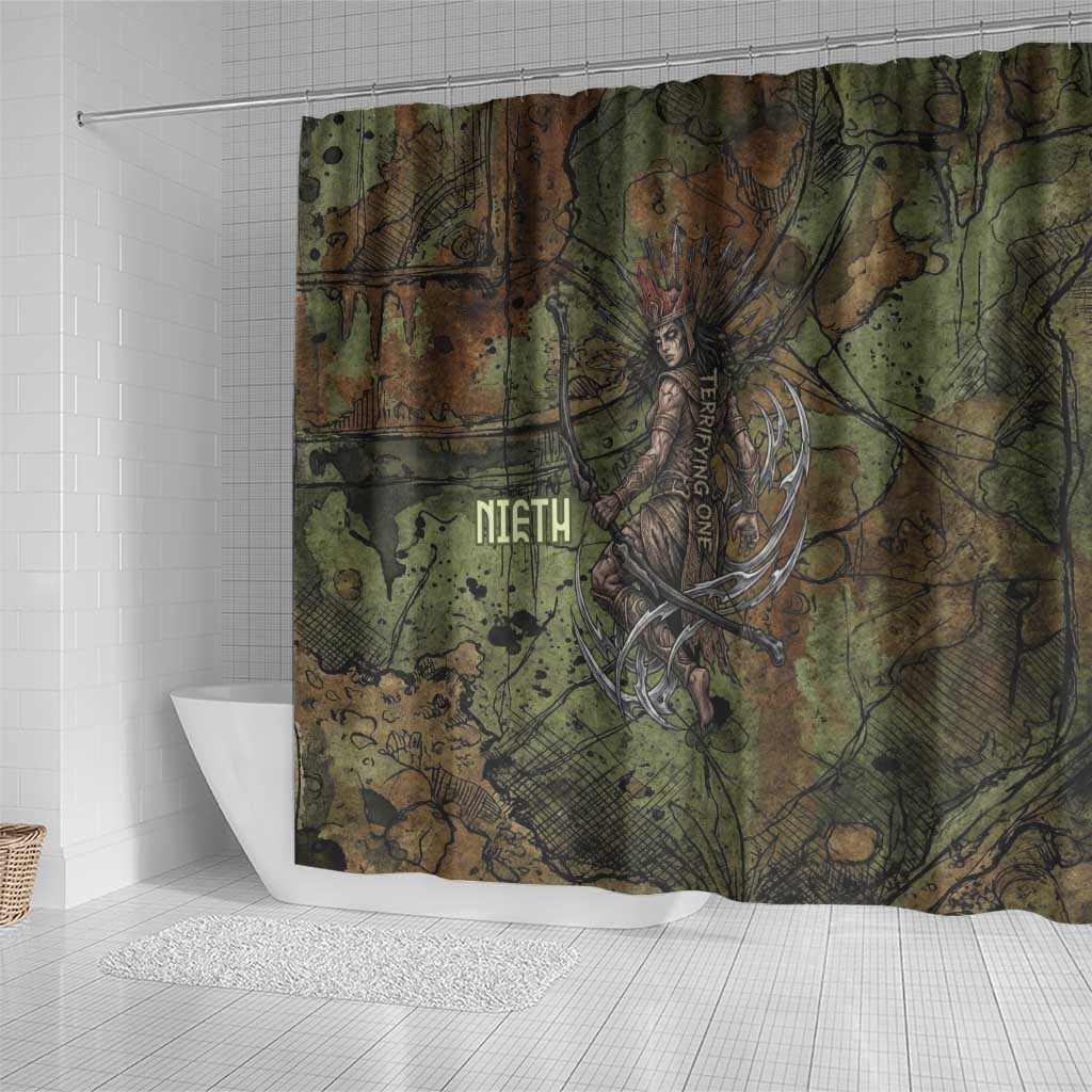 Neith Egyptian Shower Curtain War Goddess Terrifying One Dual Spears and Shield Battle Worn