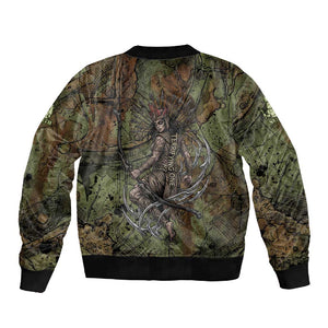 Neith Egyptian Sleeve Zip Bomber Jacket War Goddess Terrifying One Dual Spears and Shield Battle Worn