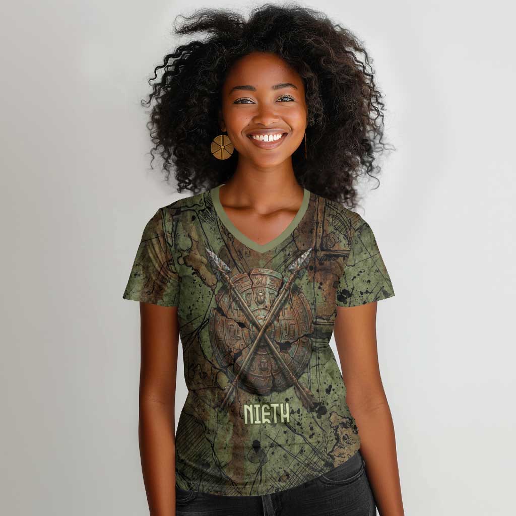 Neith Egyptian Women V-Neck T-Shirt War Goddess Terrifying One Dual Spears and Shield Battle Worn