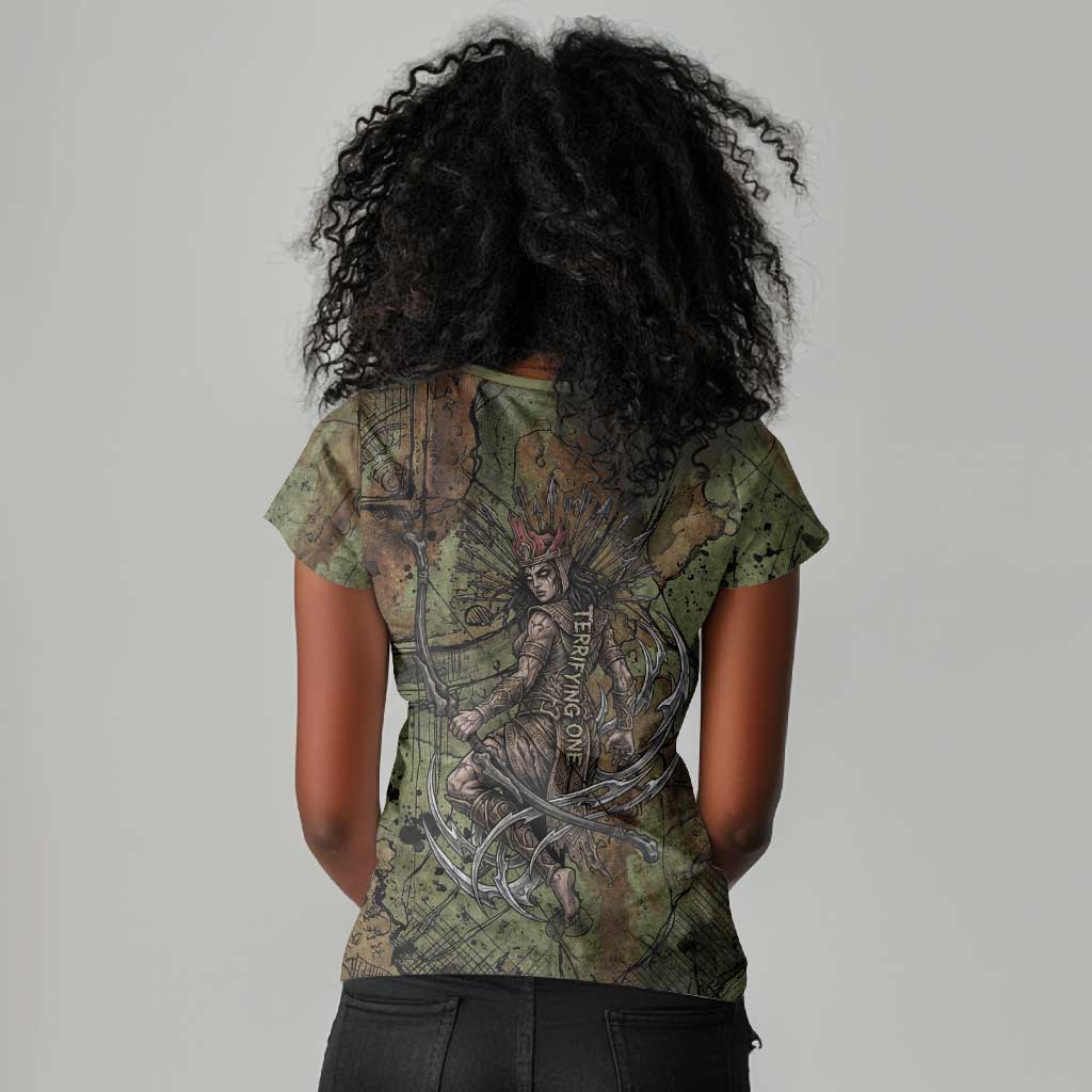 Neith Egyptian Women V-Neck T-Shirt War Goddess Terrifying One Dual Spears and Shield Battle Worn