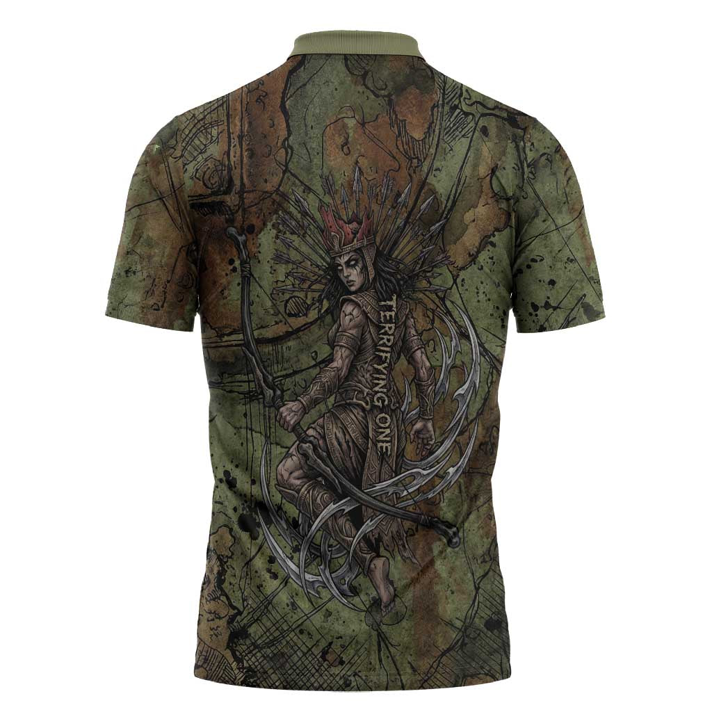Neith Egyptian Zipper Polo Shirt War Goddess Terrifying One Dual Spears and Shield Battle Worn