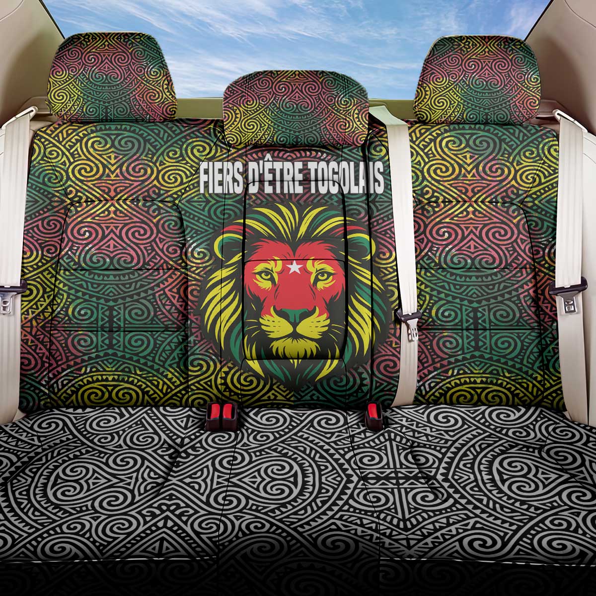 Togo Back Car Seat Cover Red Lion Head Design and Traditional African Pattern