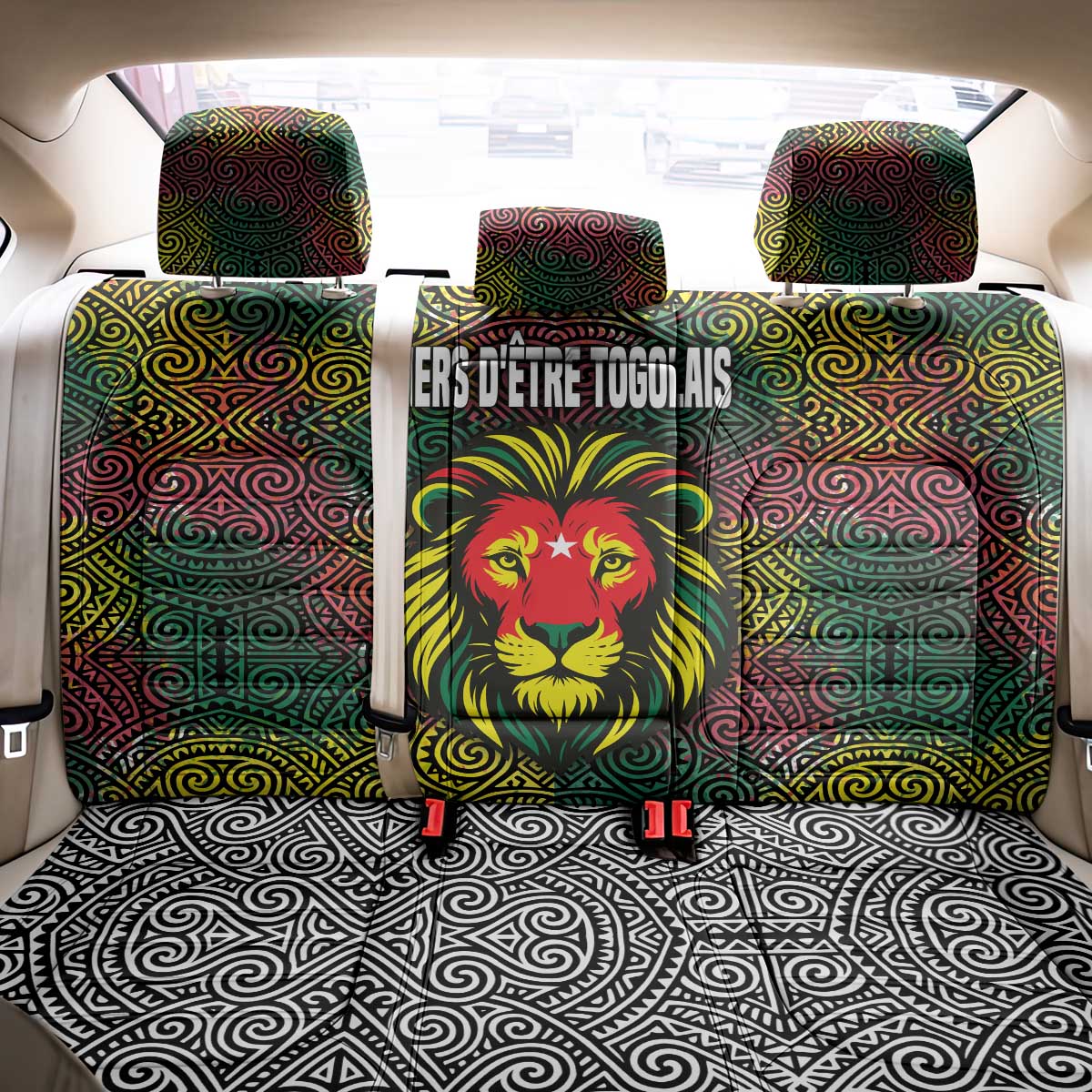 Togo Back Car Seat Cover Red Lion Head Design and Traditional African Pattern