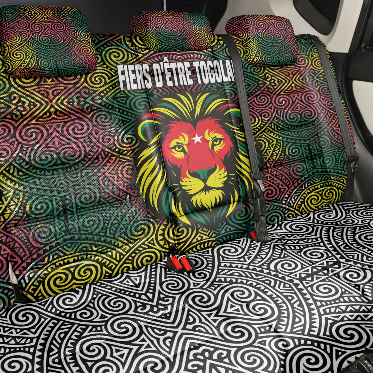 Togo Back Car Seat Cover Red Lion Head Design and Traditional African Pattern