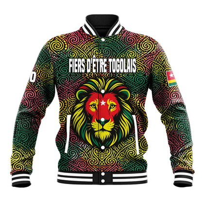 Togo Baseball Jacket Red Lion Head Design and Traditional African Pattern