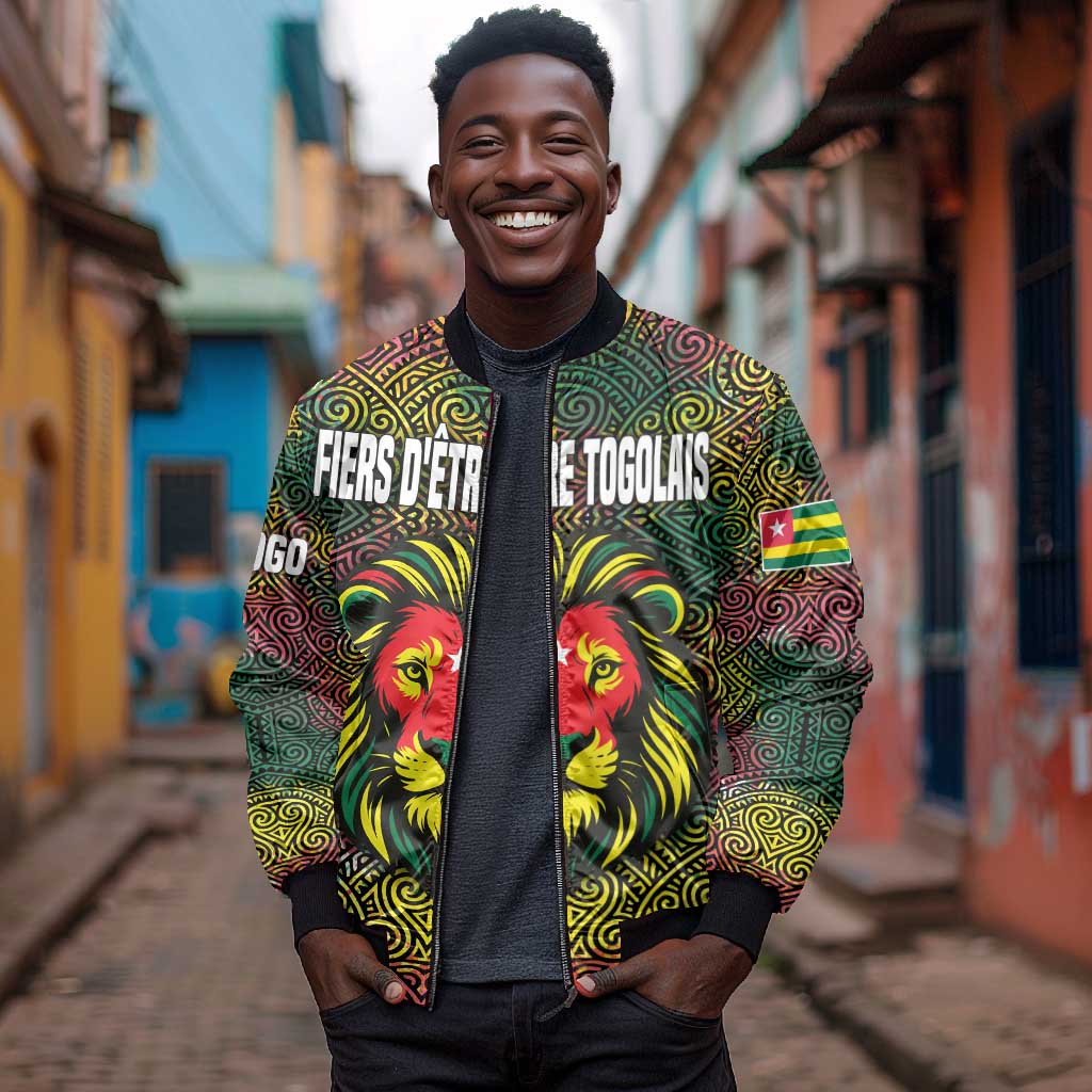 Togo Bomber Jacket Red Lion Head Design and Traditional African Pattern