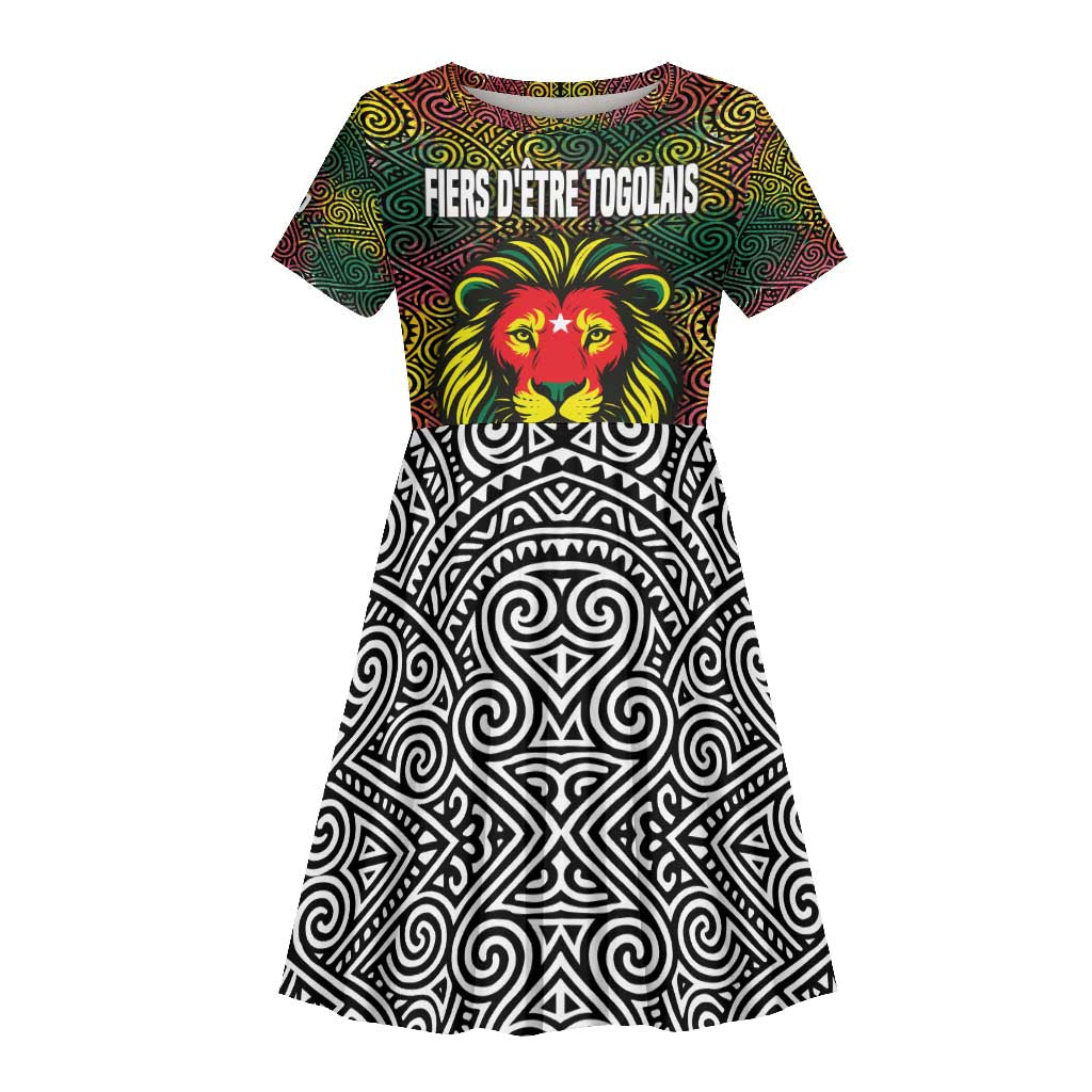 Togo Kid Short Sleeve Dress Red Lion Head Design and Traditional African Pattern