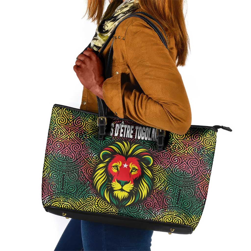 Togo Leather Tote Bag Red Lion Head Design and Traditional African Pattern