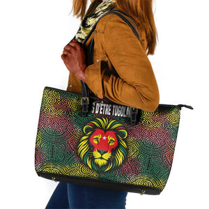 Togo Leather Tote Bag Red Lion Head Design and Traditional African Pattern