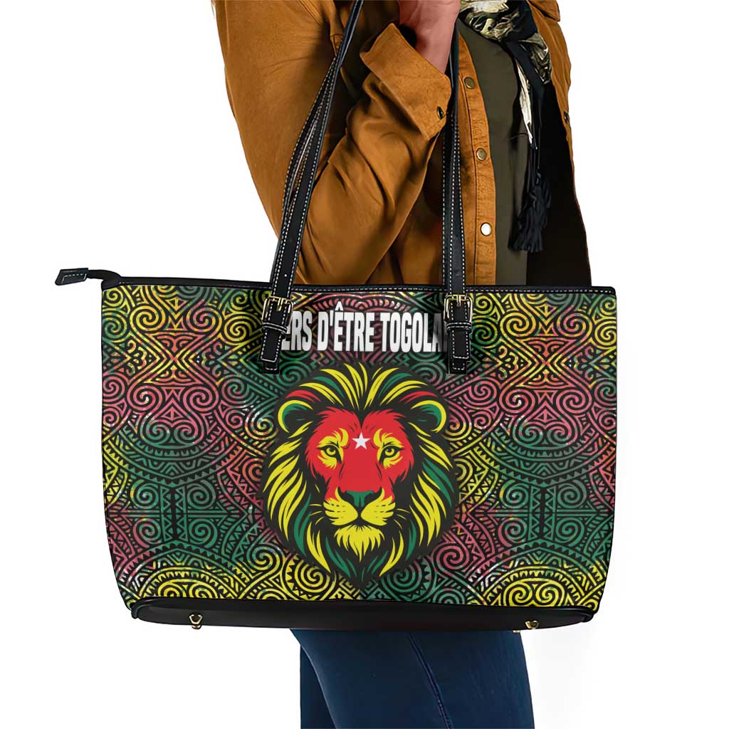 Togo Leather Tote Bag Red Lion Head Design and Traditional African Pattern