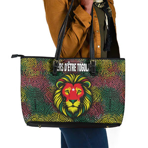 Togo Leather Tote Bag Red Lion Head Design and Traditional African Pattern