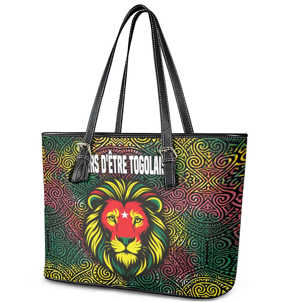 Togo Leather Tote Bag Red Lion Head Design and Traditional African Pattern
