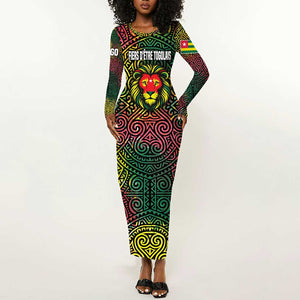 Togo Long Sleeve Bodycon Dress Red Lion Head Design and Traditional African Pattern