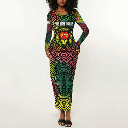 Togo Long Sleeve Bodycon Dress Red Lion Head Design and Traditional African Pattern