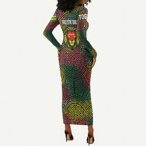 Togo Long Sleeve Bodycon Dress Red Lion Head Design and Traditional African Pattern