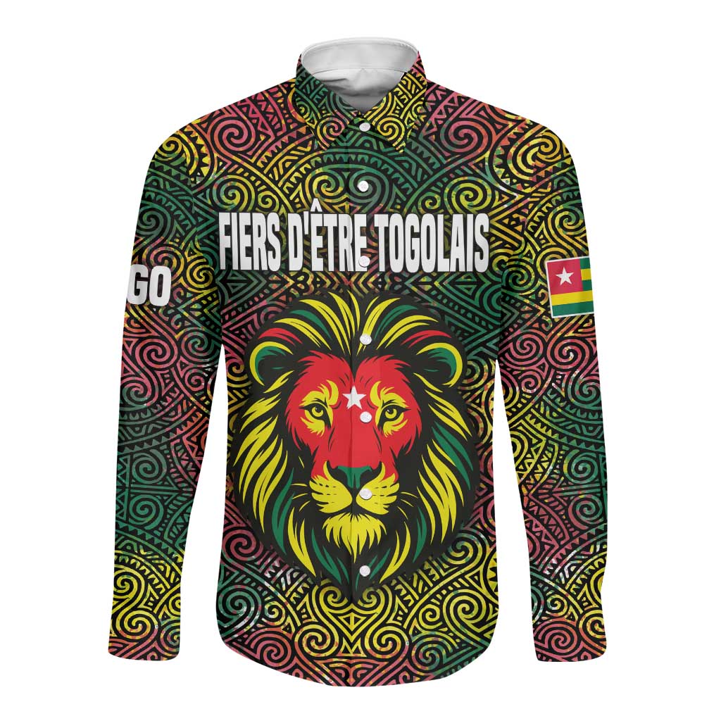 Togo Long Sleeve Button Shirt Red Lion Head Design and Traditional African Pattern