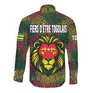 Togo Long Sleeve Button Shirt Red Lion Head Design and Traditional African Pattern