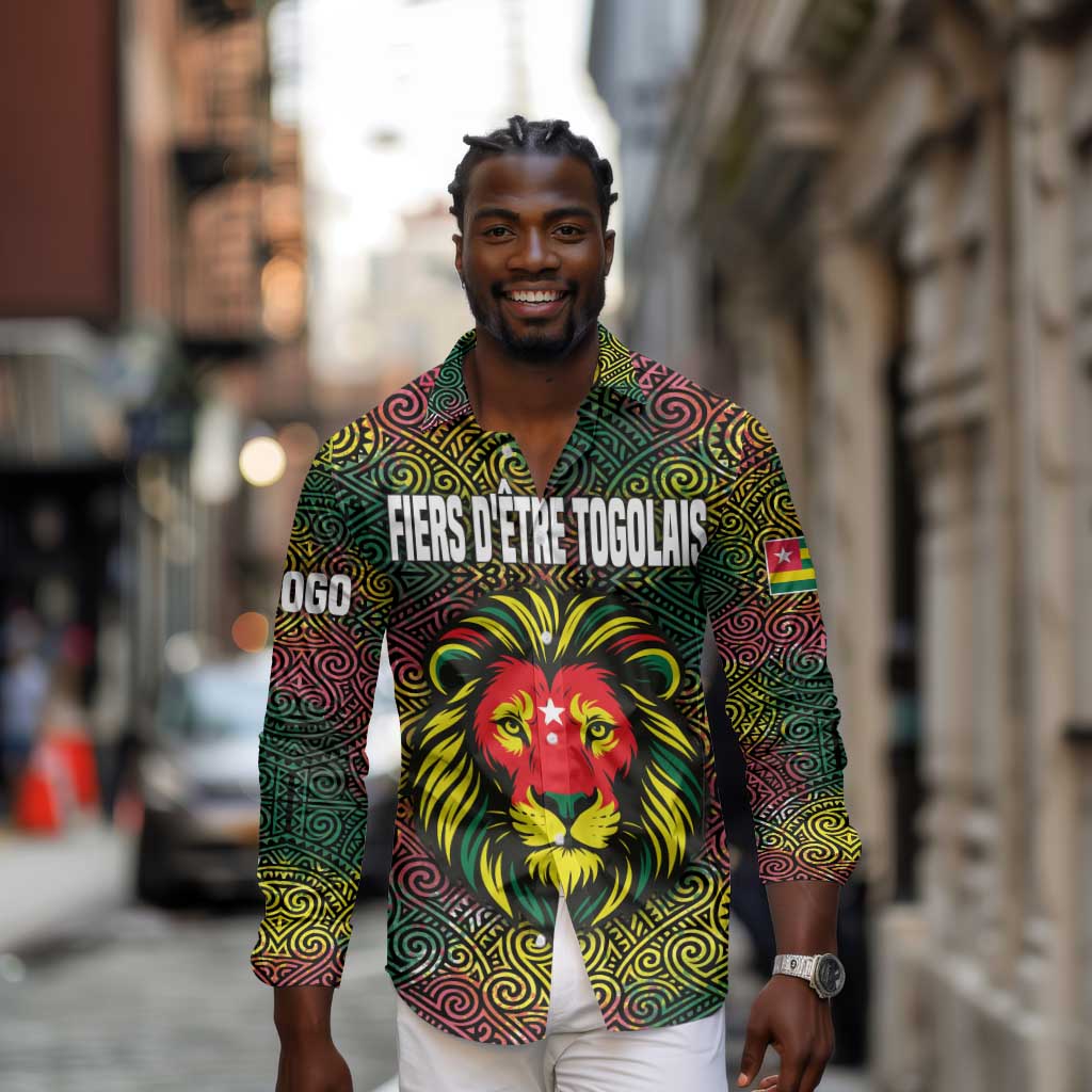 Togo Long Sleeve Button Shirt Red Lion Head Design and Traditional African Pattern