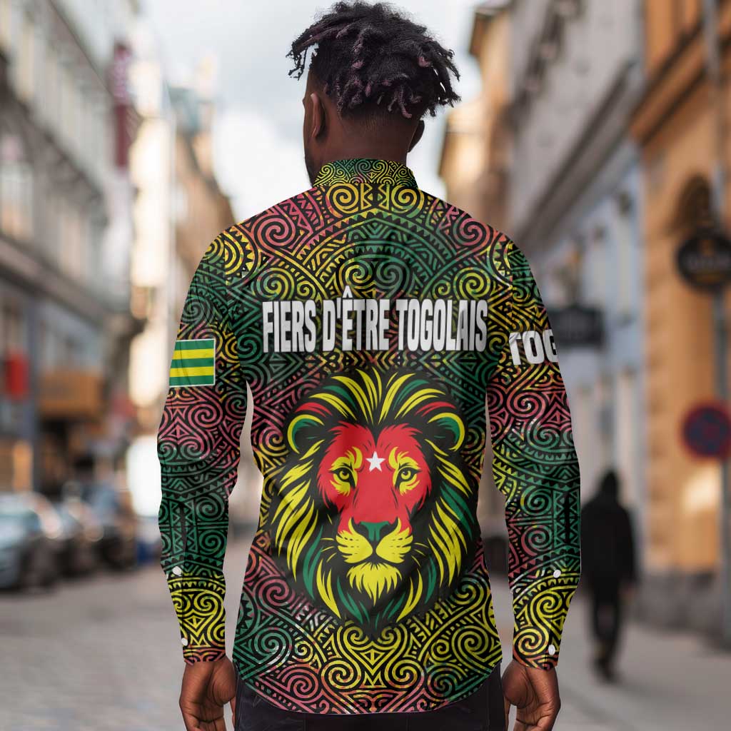 Togo Long Sleeve Button Shirt Red Lion Head Design and Traditional African Pattern