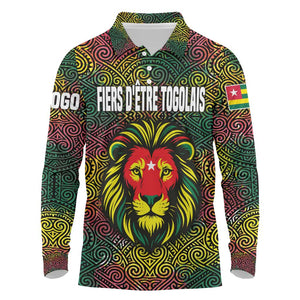 Togo Long Sleeve Polo Shirt Red Lion Head Design and Traditional African Pattern